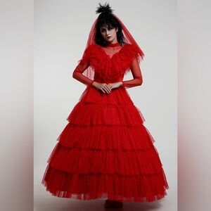 ❤️Lydia Deetz❤️Beetlejuice Gothic Red Wedding Style Dress Halloween Cosplay
